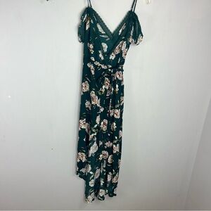 Forever 21 Green Floral Wrap Surplice High Low Dress AC12